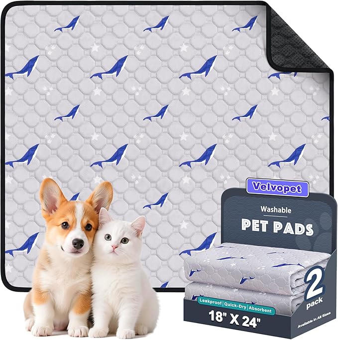 Velvopet Washable Pee Pads for Dogs, 2 Pack Puppy Pads, Super Absorbent & Leakproof with Anti-Slip Bottom for Dog Training, Crates, Car, Pet Pee Pads, and Furniture Protection,18"x24"