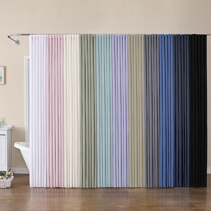 OVZME Extra Long Shower Curtain Set - 84 Inch Long Waffle Weave Heavy Duty Cloth Shower Curtain for Bathroom, Luxury Weighted 230GSM Bath Curtain Set with 12 Plastic Hooks, 72Wx84L, Glacier Blue