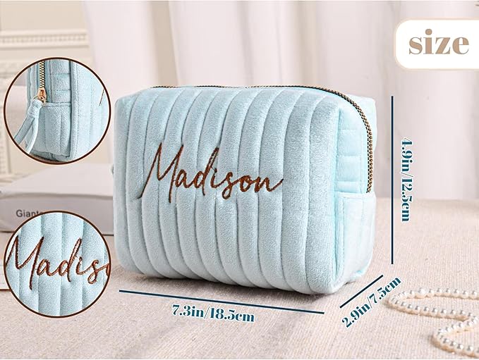 MYDREAMY Personalized Velvet Makeup Bag with Name, Custom Embroidered Cosmetic Bags for Women Girls, Initial Quilted Makeup Bag,Travel Toiletry Pouch, Gifts for Bride Bridesmaid, Birthday, Wedding