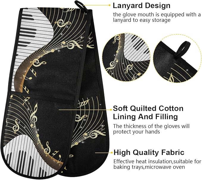 Long Double Oven Mitt for Baking Piano Keyboard Music Note Art Heat Resistant Quilted Double Oven Glove Potholder for Cooking Grilling Christmas, Washable