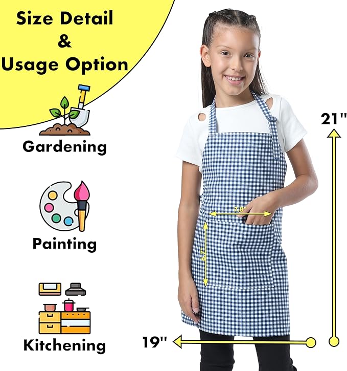 Kids Aprons for Cooking Waterdrop Resistant Aprons for Girl & Boy Toddler Apron for Painting, Gardening, Baking, Smock (Plaid Navy Blue, Medium (6-10 years)