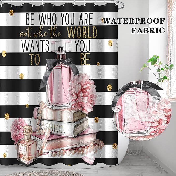 Culudea Pink Fashion Inspirational Quotes Perfume Shower Curtain Set, Floral Woman Girl Bathroom Window Waterproof Shower Curtain Set for Bathroom Decor