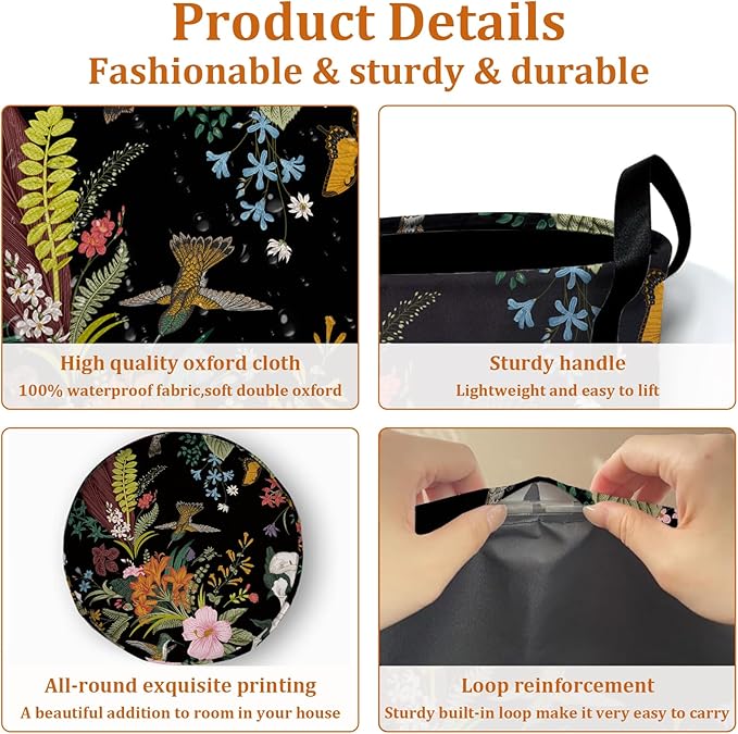 Vintage Flower Bird Laundry Basket with Sturdy Handles, Retro Floral Collapsible Oxford Cloth Laundry Hamper Organizer Basket for Bathroom Bedroom 15.7x20 Inch