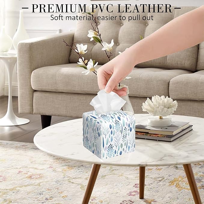 POIUBLE Tissue Box Holder Watercolor Blue Leaves Tissue Box Cover Square Leather Tissue Holder Organizer Portable Decorative Facial Paper Case for Home Office Bathroom Vanity Countertop