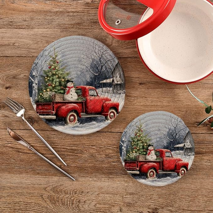 Boccsty Winter Red Truck Trivet Mat 2PCS Snowflake Christmas Tree Dog Cardinal Bird Round Woven Potholders Kitchen Table Countertop Protector Hot Pads Farmhouse Coasters Counter Mats for Cooking Baki