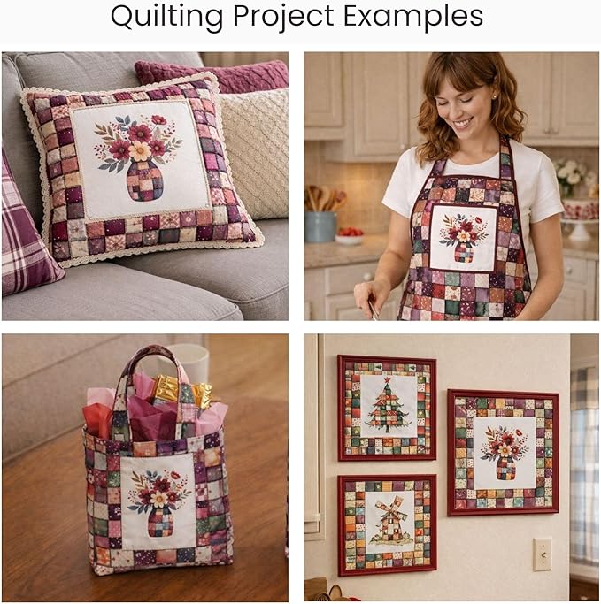 Cotton Satin Fabric Panel with Floral Patchwork Designs – 6 Printed Panels 9.8×9.8 in, Continuous Uncut Fabric Sheet 29.5×19.7 in, 100% Cotton for Quilting, Sewing & DIY