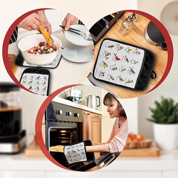 Birds on Branch Pot Holders with Pockets, Gifts for Bird Lovers, Bird Species Oven Pot Holders Heat Resistant Oven Mitts Hot Pads for Kitchen Baking Cooking, Set of 2