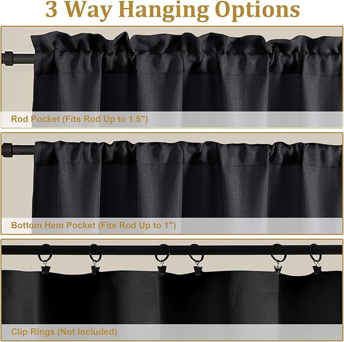 Lecloud Bessie Black Curtains for Living Room 72 Inches Long 2 Panels, Rod Pockets Rustic Bedroom Curtains, Light Filtering Faux Linen Textured Home Decor Window Drapes, Each Panel 40" W x 72" L