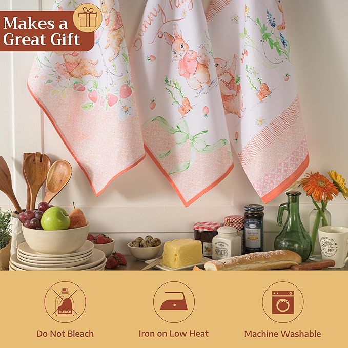 Maison d'Hermine Kitchen Towels Set of 3 100% Cotton 27.50" x 20" Reusable Cloth Tea Dish Towels Absorbent with Hanging Loop for Kitchen, Home, Dining, Cocktail Parties Spring/Summer (Bunny Party)