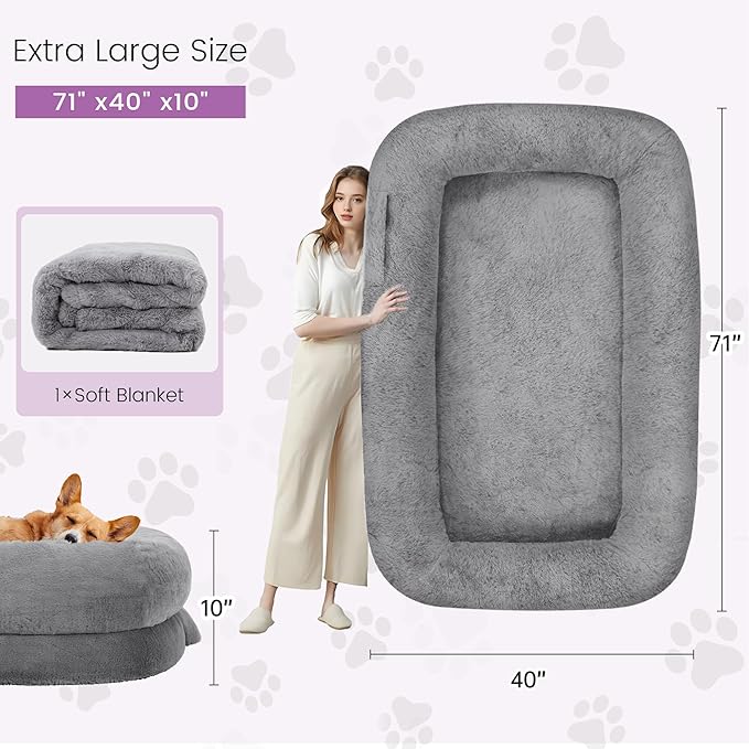Murago Human Dog Bed for Adults, 43 x 10 x 71 Long Human Size Dog Bed, Removable Cover, Washable, Waterproof, Orthopedic Design Light Grey