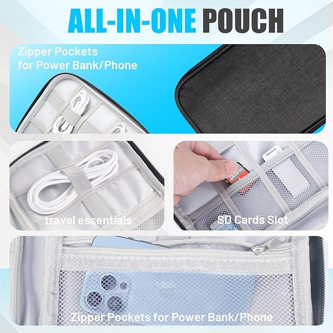 YONSEN Travel Cable Organizer Bag, Electronics Organizer Tech Pouch with Double Layers for Cords, Chargers, Phone, Earphones, USBs, SD Cards - Travel Essentials Portable Waterproof Tech Pouch