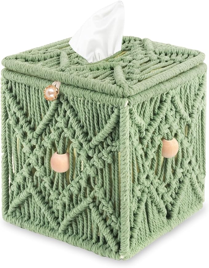 KaloKalo Handmade Tissue Box Cover Decorative Macrame Boho Square Tissue Holder Cotton Rope Woven Napkin Facial Paper Organizer Bohemian Desk Storage Container with Buckle Wood Beads (Light Green)