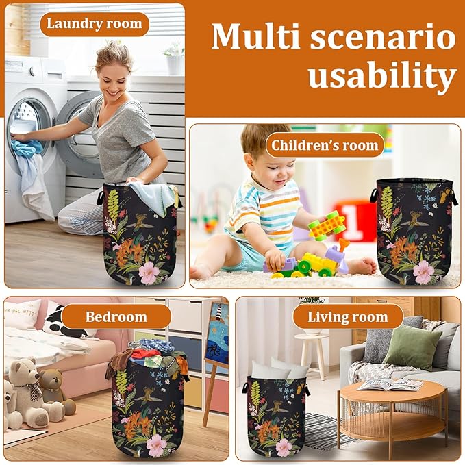 Vintage Flower Bird Laundry Basket with Sturdy Handles, Retro Floral Collapsible Oxford Cloth Laundry Hamper Organizer Basket for Bathroom Bedroom 15.7x20 Inch