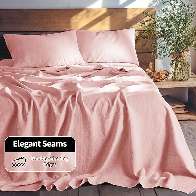 LBRO2M 100% Linen Sheet Set 16" Deep Pocket Queen Size,Bed Sheets 4 Piece Sets,Solid Color Natural Flax Bed Sheets Soft Breathable Bedding, All Season (Queen, Blush Pink)