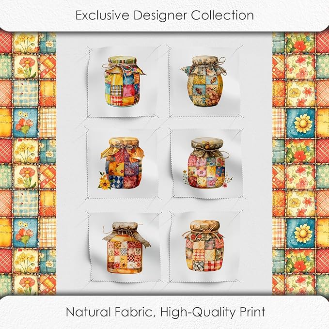 Patchwork Honey Jar Cotton Fabric Panel – 6 Designs (10×10 inch Each) + Bonus Sheet 29.5×19.6 inch, 100% Cotton 140 GSM, Made in Türkiye