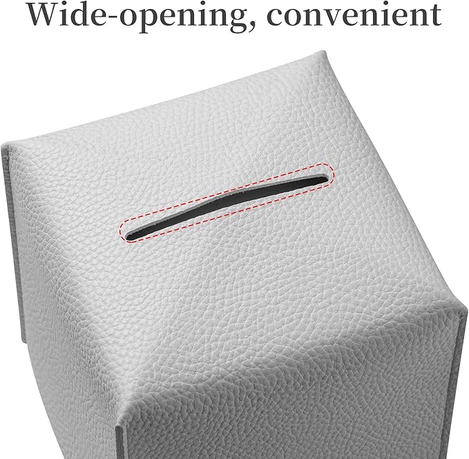 REGELETO Square Tissue Box Cover, Pu Leather Tissue Box Holder with Bottom Belt Modern Stylish Tissue Box Organizer for Bathroom, Bedroom, Hotel, Office Desk 5"X5"X5"-Off White