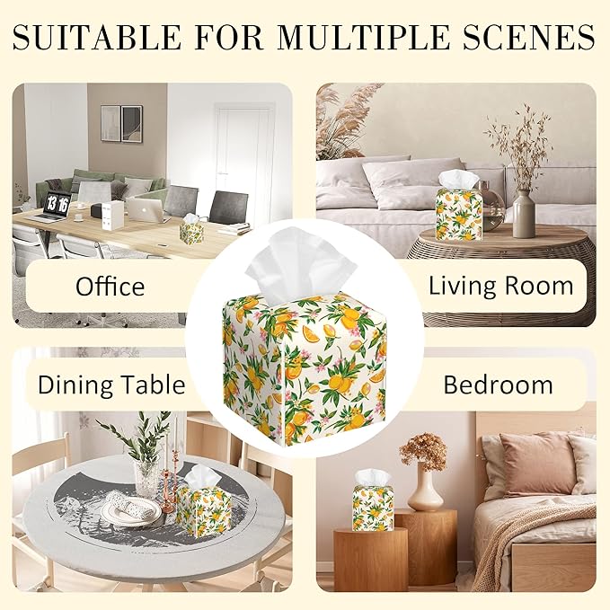 POIUBLE Tissue Box Holder Orange Fruit Floral Tissue Box Cover Square Leather Tissue Holder Organizer Portable Decorative Facial Paper Case for Home Office Bathroom Vanity Countertop
