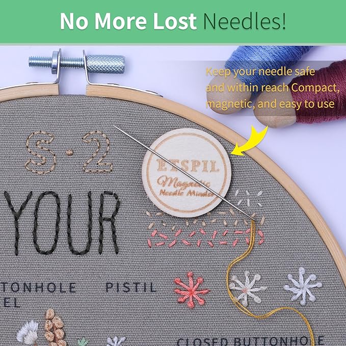 ETSPIL Embroidery Kit for Adult Beginners, 3-Pack 33-Stitch Practice Samplers, Pre-Stamped Patterns, 7.8-Inch Hoop, Threads & Needles, Step-by-Step Guide & Video, DIY Needlework Craft Gift for Women