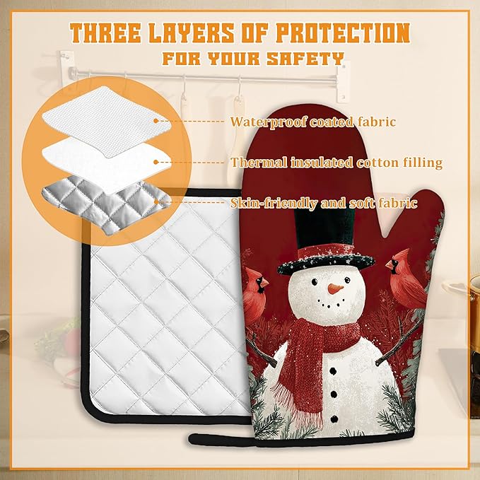 Christmas Snowman Oven Mitts and Pot Holders,Cardinal Heat Resistant Oven Mitts Gloves and Pot Holder for Home Kitchen Decorations Cooking Baking BBQ Gifts,Set of 4