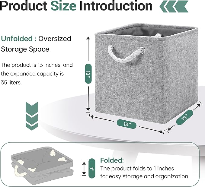 ECDYQXVU 13x13 Inch Cube Storage Bins with Reinforced Bottom Cardboard, 6 Pack Large Foldable Fabric Storage Cubes with Handles for Shelf, Closet, Laundry Organization (Grey)