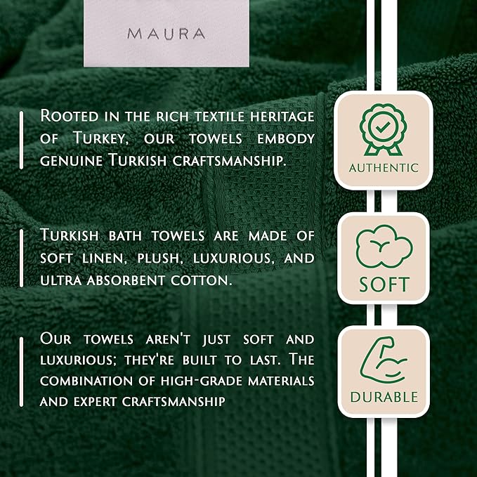 MAURA Hunter Green Extra Large Turkish Cotton Luxury Bath Towels Set of 4. Ultra-Soft, Thick & Plush Towels for Bathroom - Dark Green
