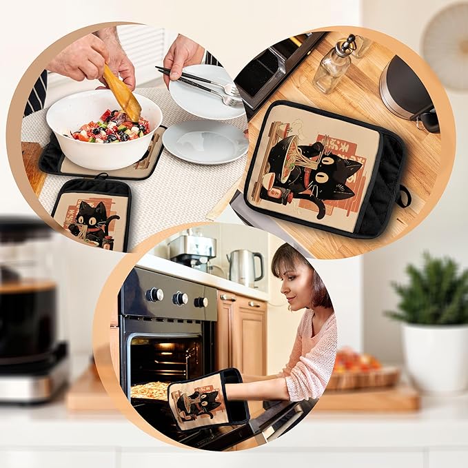 Japanese Sushi Ramen Black Cat Pot Holders with Pockets, Cat Kitchen Decor, Vintage Japanese Kitten Oven Pot Holders Heat Resistant Oven Mitts Hot Pads for Kitchen Baking Cooking, Set of 2