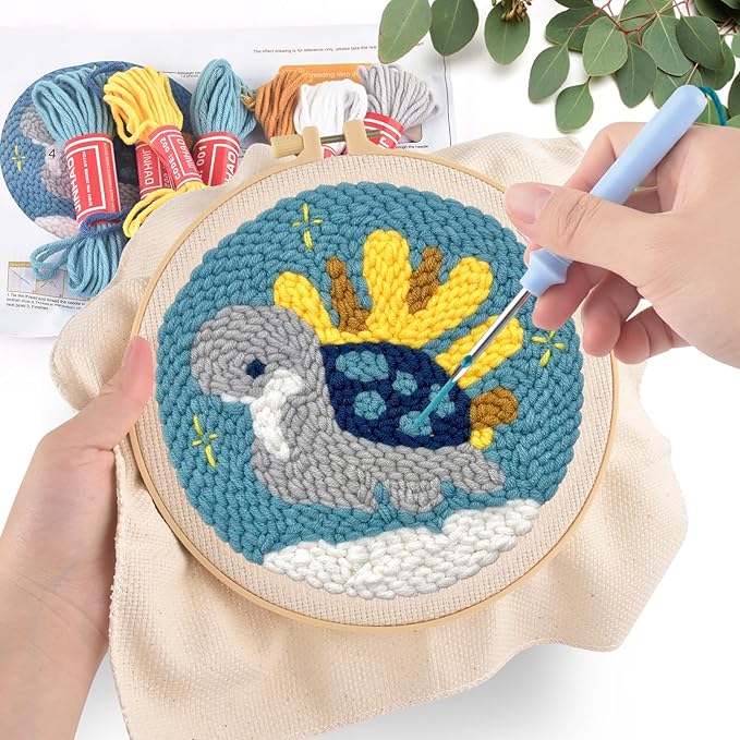 ERKOON Punch Needle Kit Adults Beginners, DIY Easy Sea Animals Embroidery Set for Starter Art Craft, Needling Punch Project with Patterns, Tools, Yarns, Hoop, Instruction (Turtle)