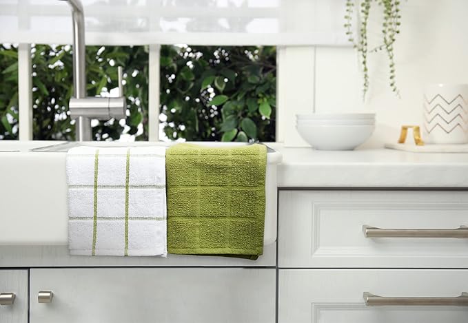 Mellow Buff 100% Cotton Terry Dish Cloth & Dish Towel, 6 Pack, Super Soft and Absorbent Kitchen Towels, Perfect for Kitchen Cleaning and Dish Washing (Green (Solid and Checks) 8 Pack)