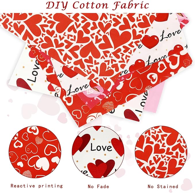 Whaline 20Pcs Valentine's Day Cotton Fabric Bundles Rose Red Pink Heart Love Printed Fat Quarters Quilting Patchwork 9.8 x 9.8Inch Squares Sewing Fabrics for DIY Handmade Crafting Home Party Decor