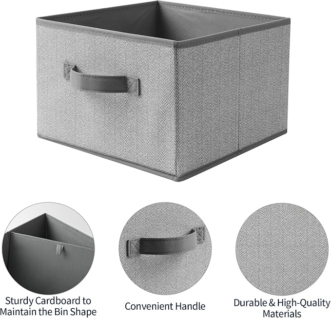 EITMOW Storage Baskets, 11-Inch Woven Fabric Bins, Storage Cubes with Reinforced Handles, Organizer Bins for Closet Shelves, Foldable, for Toys, Clothes, Natural Beige (4PCS/Grey-11*11*7.8inch)