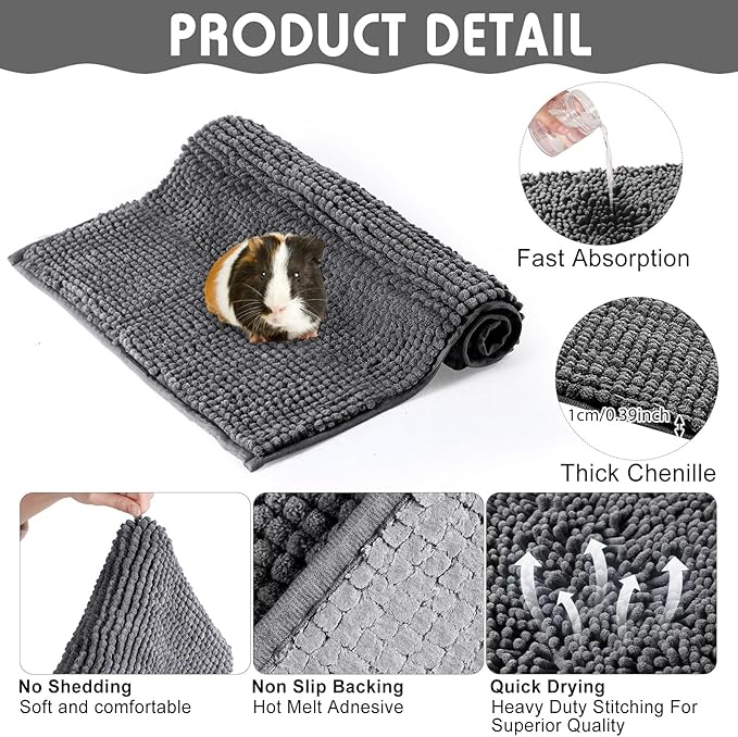 Amylove 4 Pcs Guinea Pig Cage Liner Guinea Pig Bedding Dog Door Mat for Muddy Pet Paws Washable Chenille Pee Pads Small Animal Sleeping Bed for Bunny Hamster(12 x 12 Inch,Square,Dark Gray)
