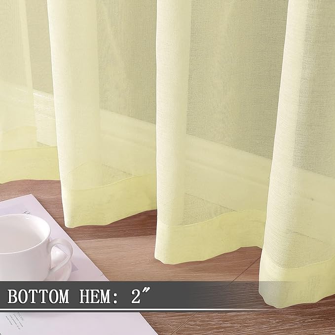 Tollpiz Sheer Curtains Linen Textured Bedroom Curtain Sheers Light Filtering Rod Pocket Voile Curtains for Living Room, 54 x 63 inches Long, Transparent Yellow, Set of 2 Panels