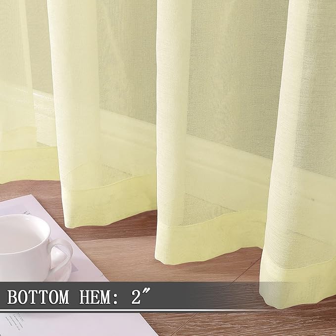 Tollpiz Sheer Curtains Linen Textured Living Room Curtain Sheers Light Filtering Rod Pocket Voile Curtains for Bedroom, 42 x 63 inches Long, Transparent Yellow, Set of 2 Panels