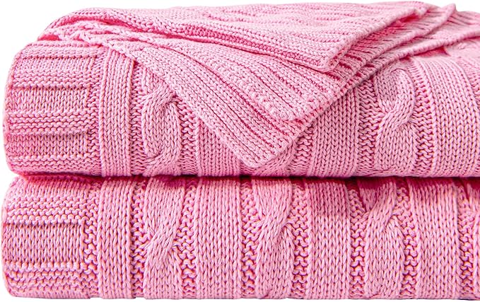NTBAY 100% Pure Cotton Cable Knit Throw Blanket, Super Soft Warm 51x67 Knitted Throw Blanket for Couch, Sofa, Chair, Bed - Extra Cozy, Machine Washable, Comfortable Home Decor, Pink