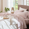 MooMee Bedding Sheet Set 100% Washed Cotton Linen Like Textured Breathable Durable Soft Comfy (Heathered Greyish Pink, California King)