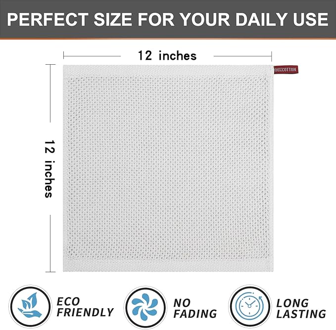 Kitinjoy 100% Cotton Kitchen Dish Cloths, 12 Pack Waffle Weave Ultra Soft Absorbent Dish Towels for Drying Dishes Quick Drying Kitchen Towels Dish Rags, 12 X 12Inch, Light Grey