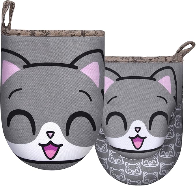 Mini Oven Mitts Cute,Silicone Oven Mitts Heat Resistant 500℉ with Non-Slip Grip and Soft Quilted Cotton Lining for Kitchen Cooking and Baking. Machine Washable-Cat