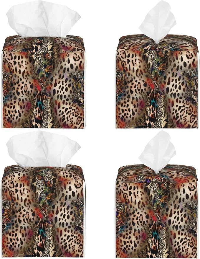 POIUBLE Leather Tissue Box Holder African Animal Leopard Print Tissue Box Cover Square Waterproof Tissue Holder Organizer Modern Napkin Holder for Bedroom Dresser Night Stand Office Desk