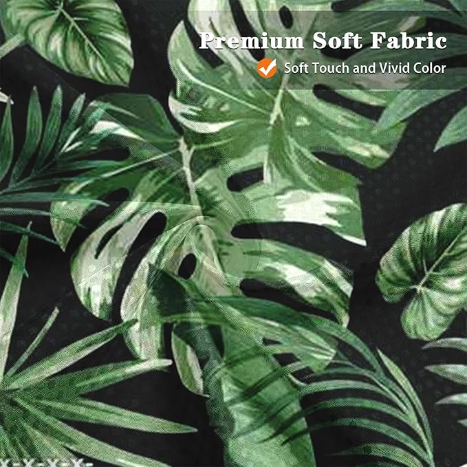 Culudea Green Tropical Plant Jungle Leaf Waffle Textured Cloth Shower Curtain Set, Palm Tree Leaves Black Bathroom Window Waterproof Shower Curtains for Bathroom Decor