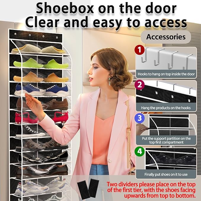 Kotkn Over The Door Shoe Organizer with 12 Large Breathable Pockets - Heavy Duty Hanging Storage for Adult, Kids & Baby Shoes - Black