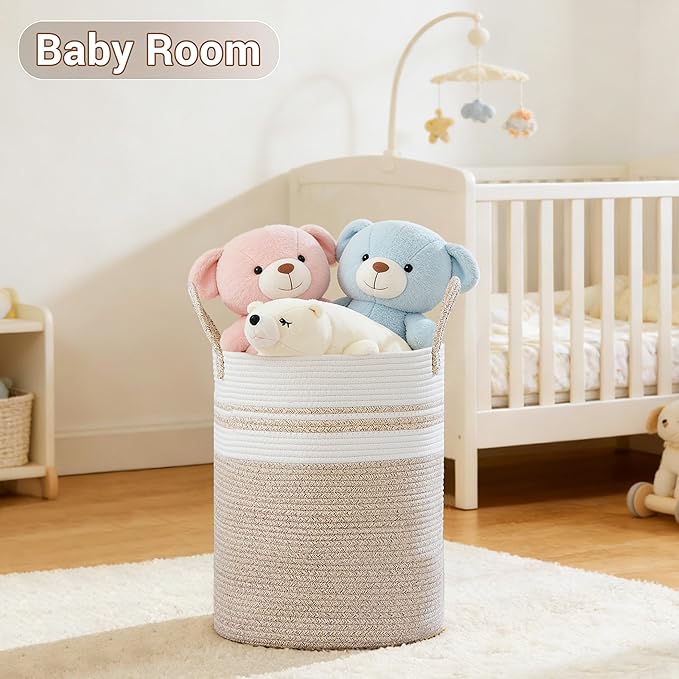 SunNewt Tall Laundry Basket with Handles, 53L Portable Dirty Clothes Hamper, Boho Cotton Rope Storage Bin for Blankets Kids Toys Gifts, Decorative Organizer for Nursery Bedroom Bathroom, New Brown