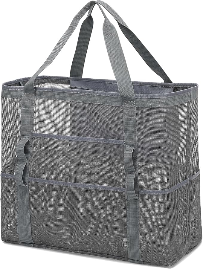 Fammart Mesh Beach Bag, Large Beach Tote with Zipper Pocket for Family Pool Bag for Toys & Vacation Essentials