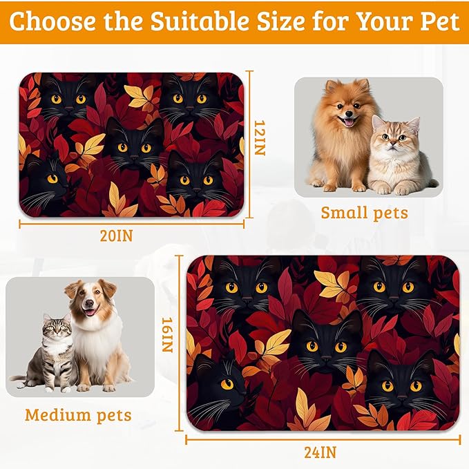 Dog Bowl Mat,Black Cat Pet Feeding Mat for Floors Waterproof,Forest Red Absorbent Dogs Placemat for Food and Water Quick Dry Pet Cat Feeding Mats with Non Slip Bottom 16" x 24"