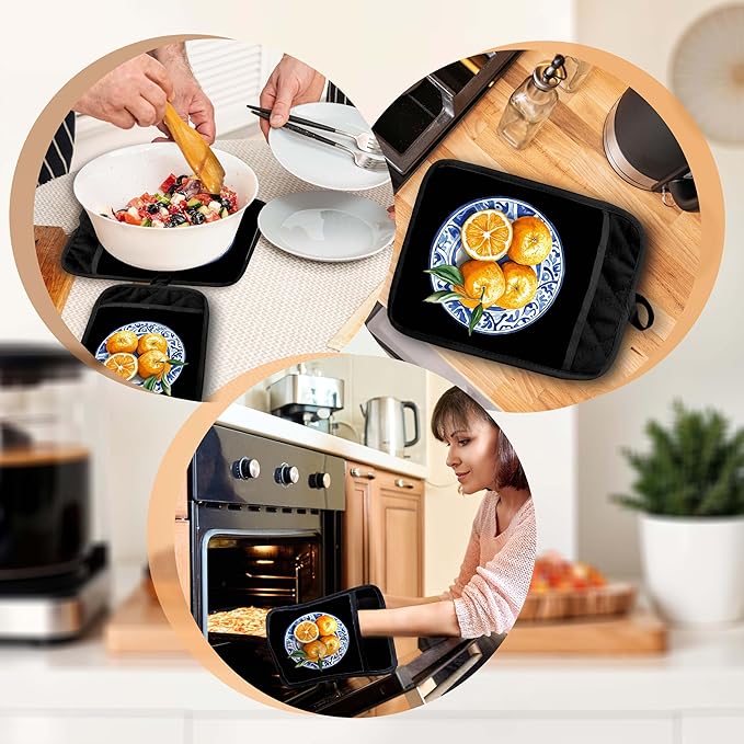 Chinoiserie Orange Fruit Pot Holders with Pockets, Blue and White Grandmillennial Oranges Fruit Oven Pot Holders Heat Resistant Oven Mitts Hot Pads for Kitchen Baking Cooking