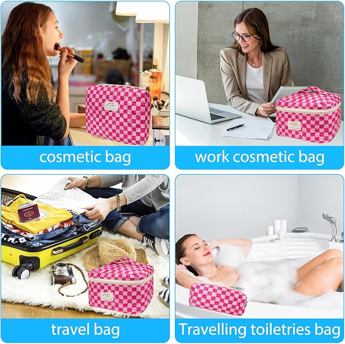 Cozomga Quilted Makeup Bag, Large Capacity Travel Cosmetic Bag for Women and Girls, Aesthetic Storage for Daily and Travel Use (3pcs-PinkChecker)
