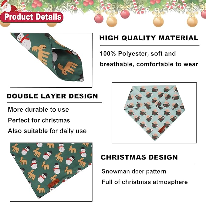 ADOGGYGO Green Christmas Dog Bandana, Snowman Reindeer Mug Puppy Scarf, Adjustable Fit Merry Christmas Bandanas for Small Dogs (Small)