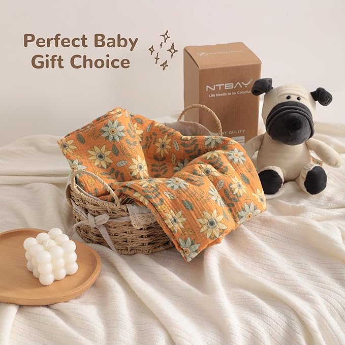 NTBAY 2 Layer Muslin Cotton Baby Swaddle Blanket, 42x60 Soft and Breathable Receiving for Newborns and Infants, Perfect for Crib, Stroller, Travel, Lightweight Nursery Blanket, Vintage Daisy Bloom