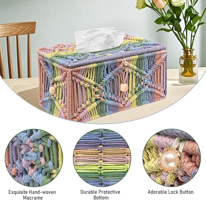 KaloKalo Handmade Tissue Box Cover Rectangle Decorative Macrame Boho Tissue Holder Cotton Rope Woven Napkin Facial Paper Organizer Bohemian Desk Storage Container with Buckle Wood Beads (Rainbow)