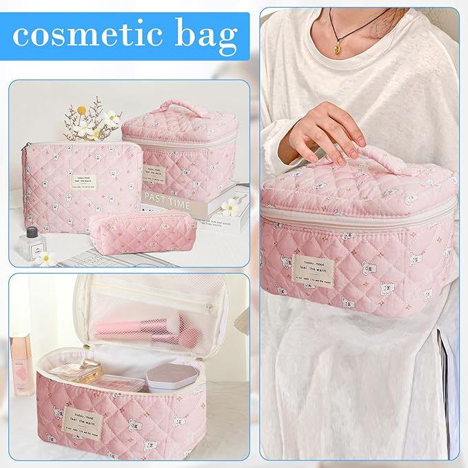 Cozomga Quilted Makeup Bag, Large Capacity Travel Cosmetic Bag for Women and Girls, Aesthetic Storage for Daily and Travel Use (3pcs-RabbitAnimalPrint)