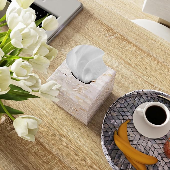 PEMAR Handcrafted Wooden Tissue Box Cover for Small Cube Tissue Boxes Only (Max Inner Size 4.7”) – Mother of Pearl Inlay Decorative Tissue Holder for Bathroom, Living Room & Office (Milano)